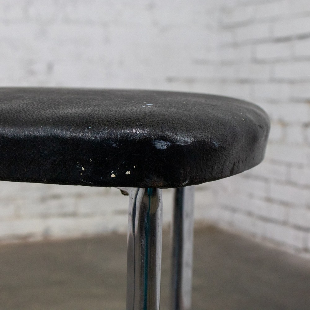 Art Deco Streamline Moderne Low Stool Solid Chrome Legs & Black Vinyl Seat