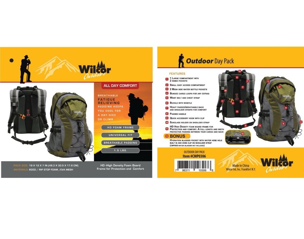 Daypack Hiking Backpack Wilcor Outdoors Orange 19”