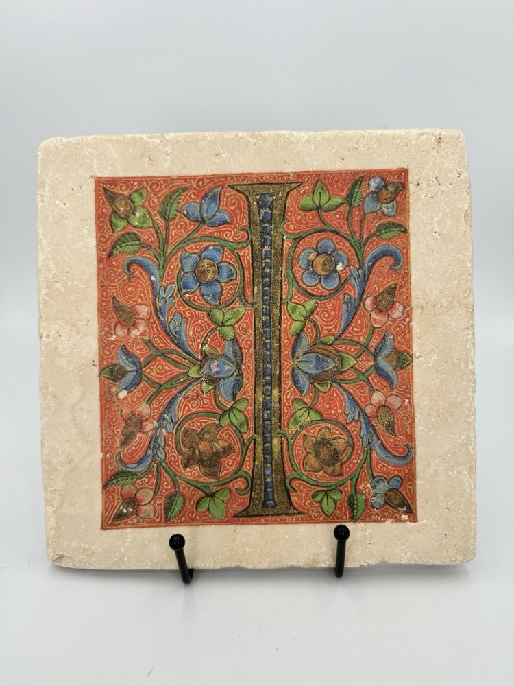 Vatican Library Illuminated Manuscript Letter I Stone Tile Plaque Medieval Decor