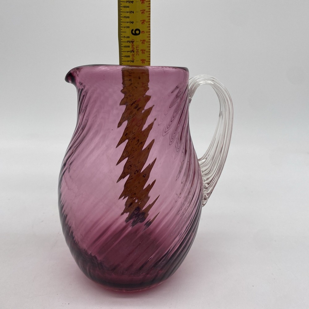 Cranberry Swirl Glass Small Pitcher Applied Clear Handle