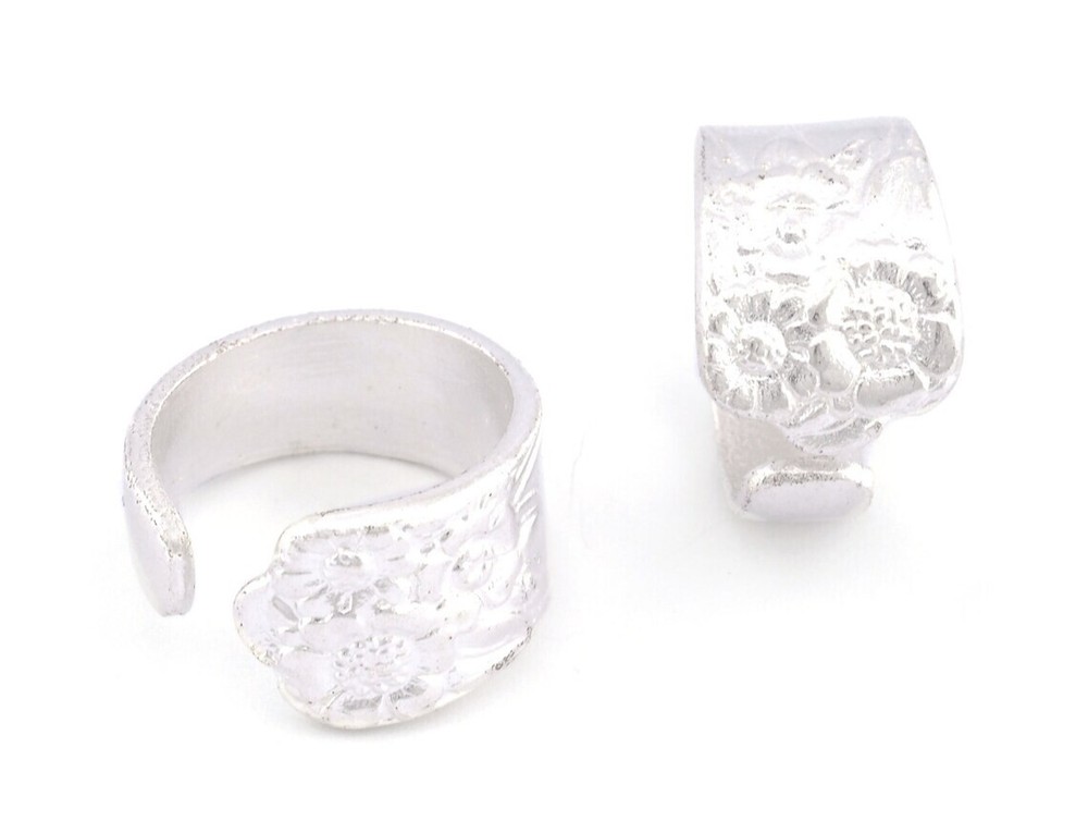 Spoon Flower Patterned Adjustable Ring Shiny Silver Plated Brass 8US size 2543