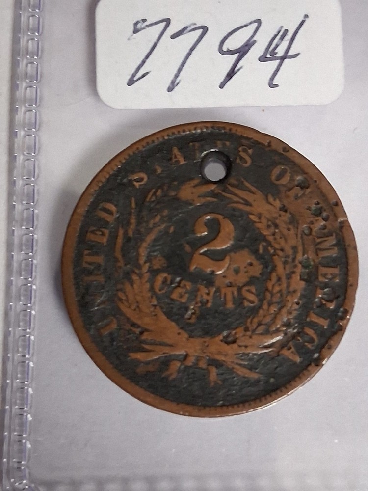 1865 2 CENT PIECE FANCY 5 - PLEASE NOTE DETAILS INCLUDING A HOLE -