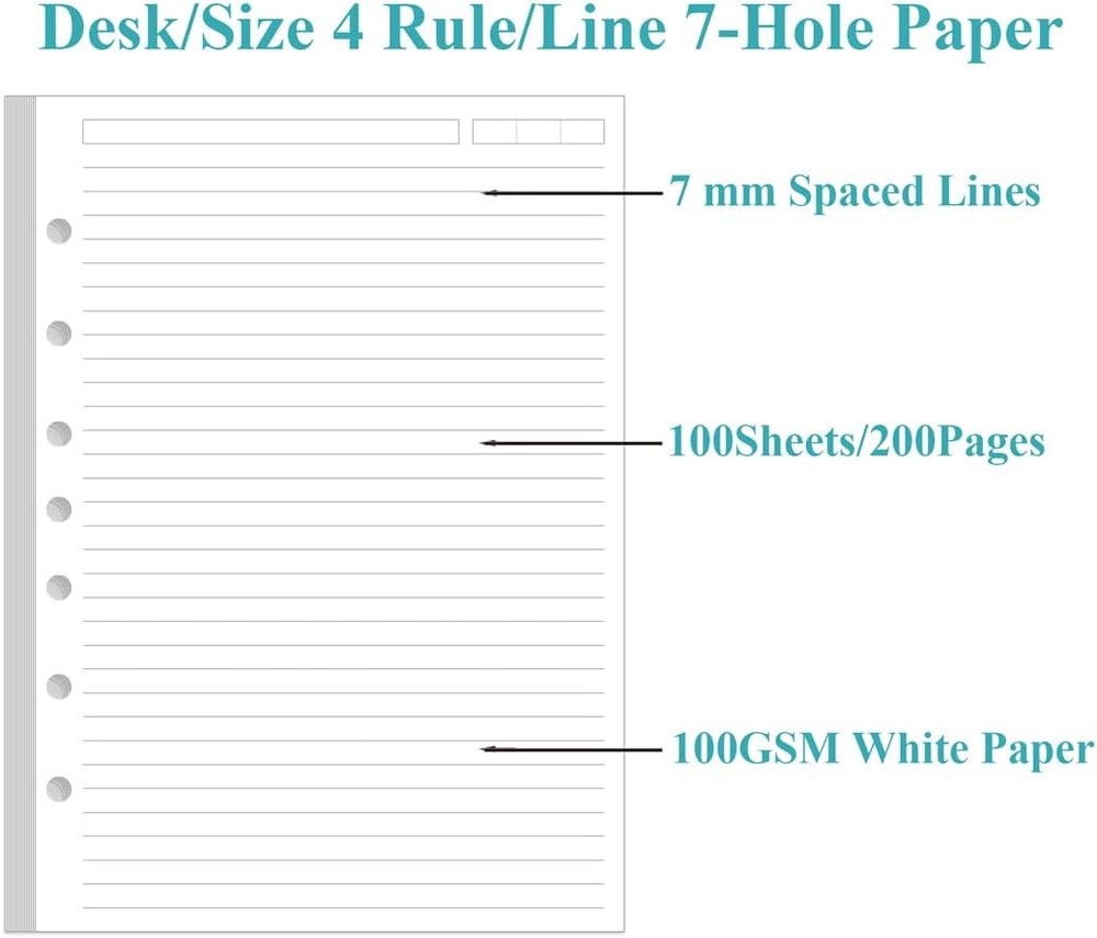 7-Hole Lined Paper Refills for Mini Binder - 100 Sheets/200 7-Hole, White