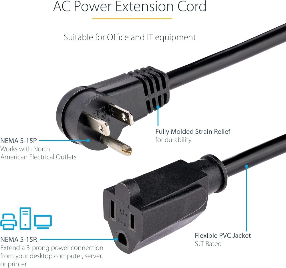 1ft Black Right Angle Power Cable Listed - Ideal for Space-Saving Solutions