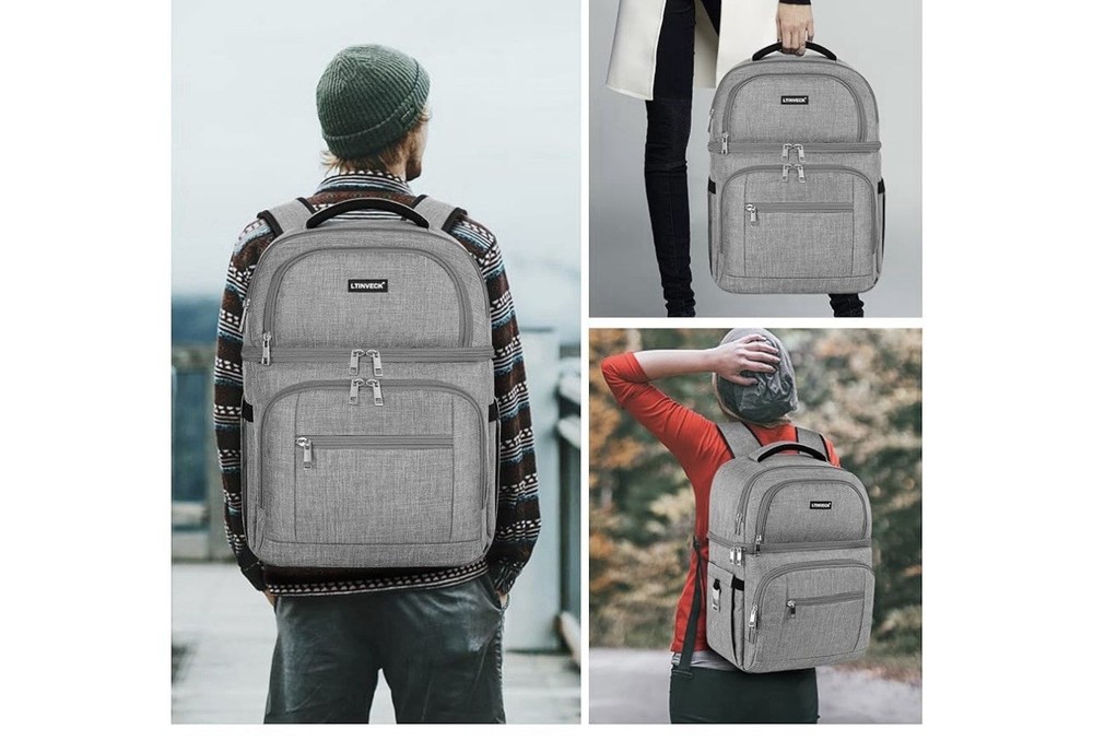 Cooler Backpack Insulated Backpack Cooler Leakproof Double Deck Cooler Bag Grey