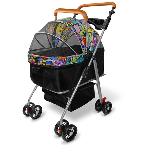 Pet Stroller with Storage Basket and Cup Holder, Folding Dog magic black