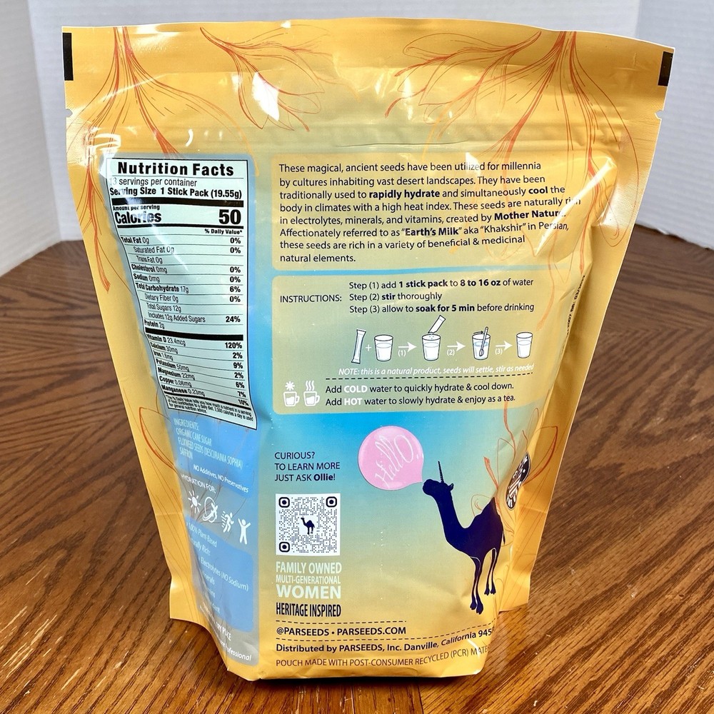 PARSEEDS ~ Seed-Based Drink Mix KHAKSHIR Cooling Hydration 13 Stick Packs 8.96oz