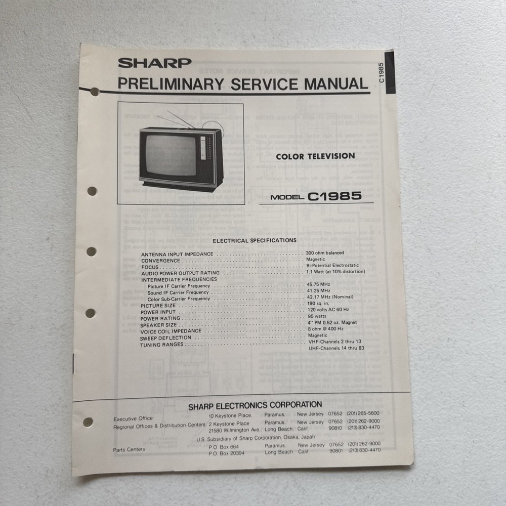 Sharp Electronics Color Television Model C1985 Preliminary Service Information