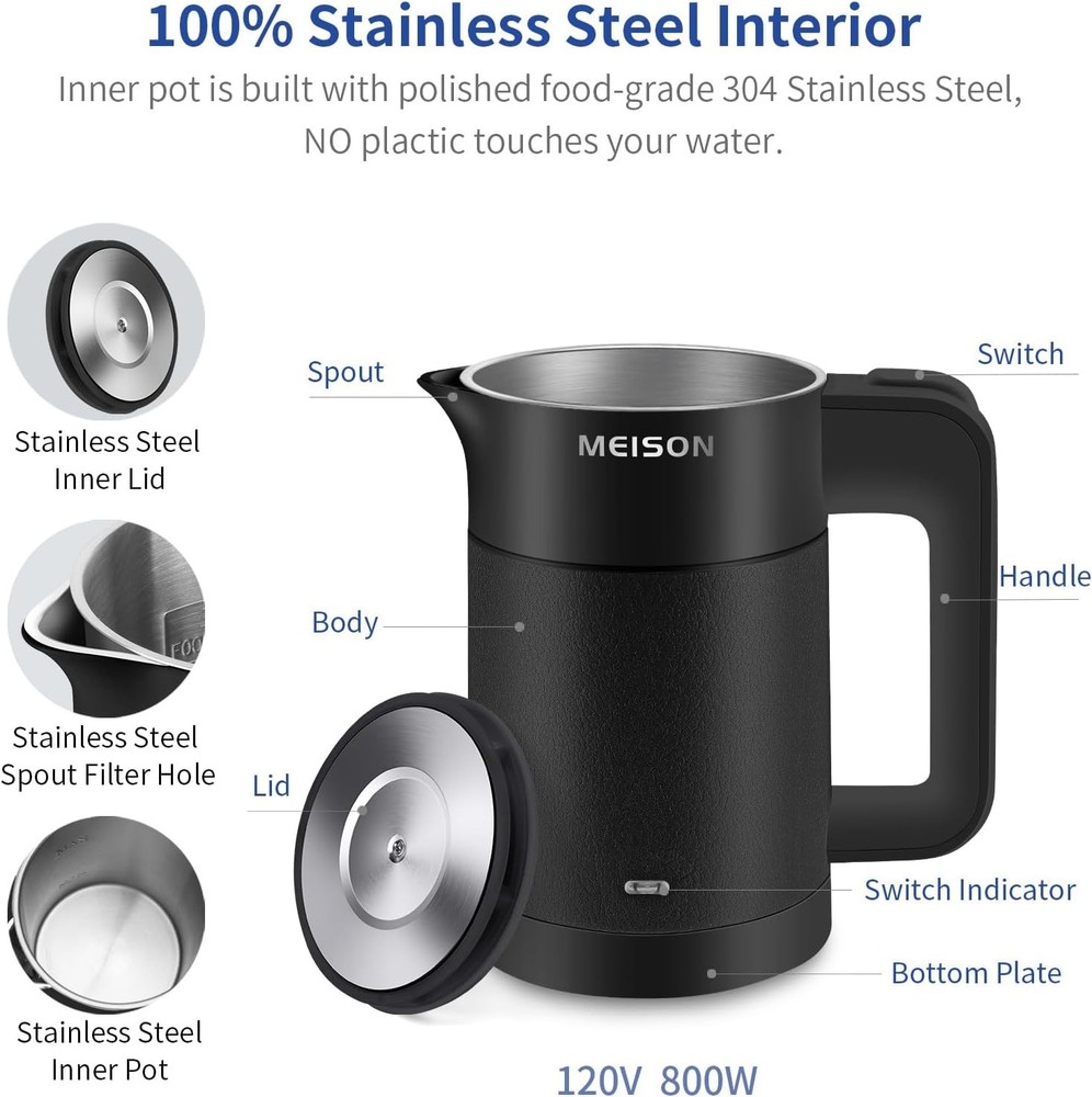 0.6L Small Electric Kettles Stainless Steel, Travel Mini Hot Water Boiler Hea...