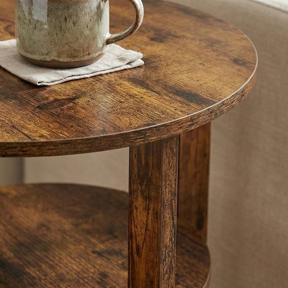 NEW Round Side Table, 3-Tier End Table with Storage, 19.7?? Rustic Brown Accent
