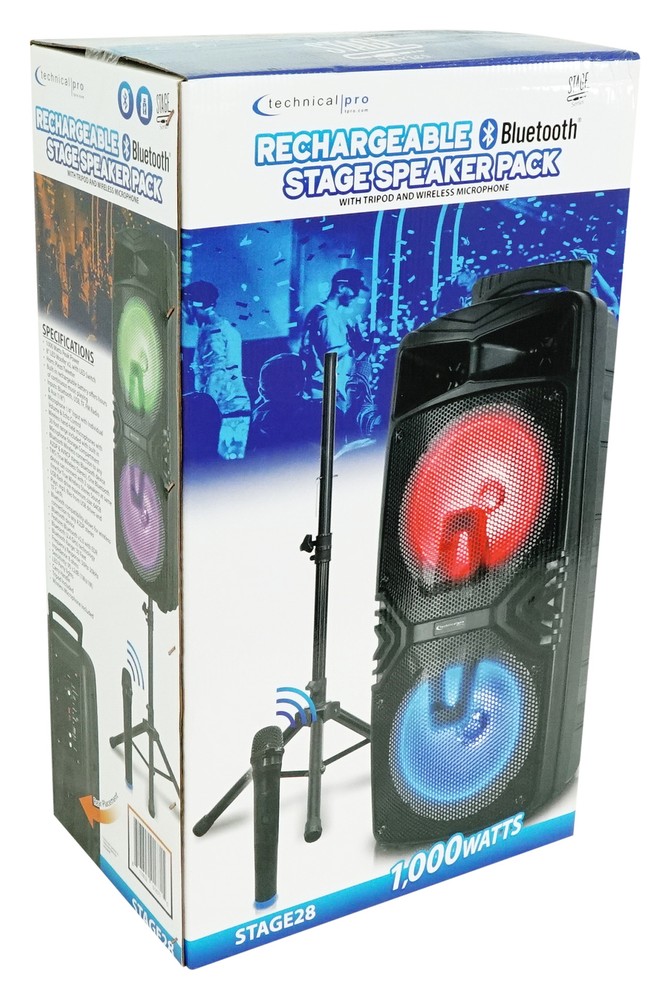 Technical Pro STAGE28 Dual 8" Rechargeable LED Bluetooth Speaker + Stand + Mic