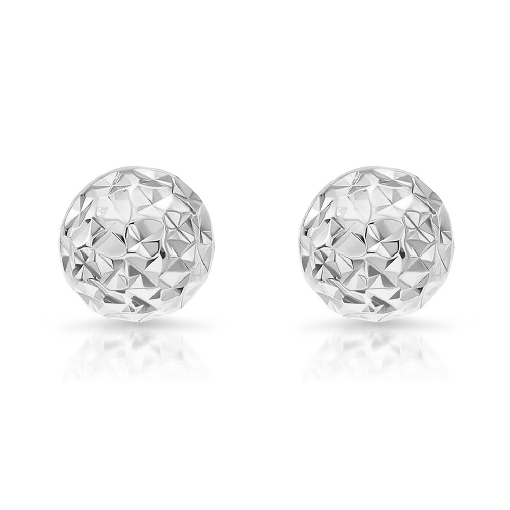 14K Real Solid White Gold Diamond-Cut Round Ball Stud Push-back Earrings