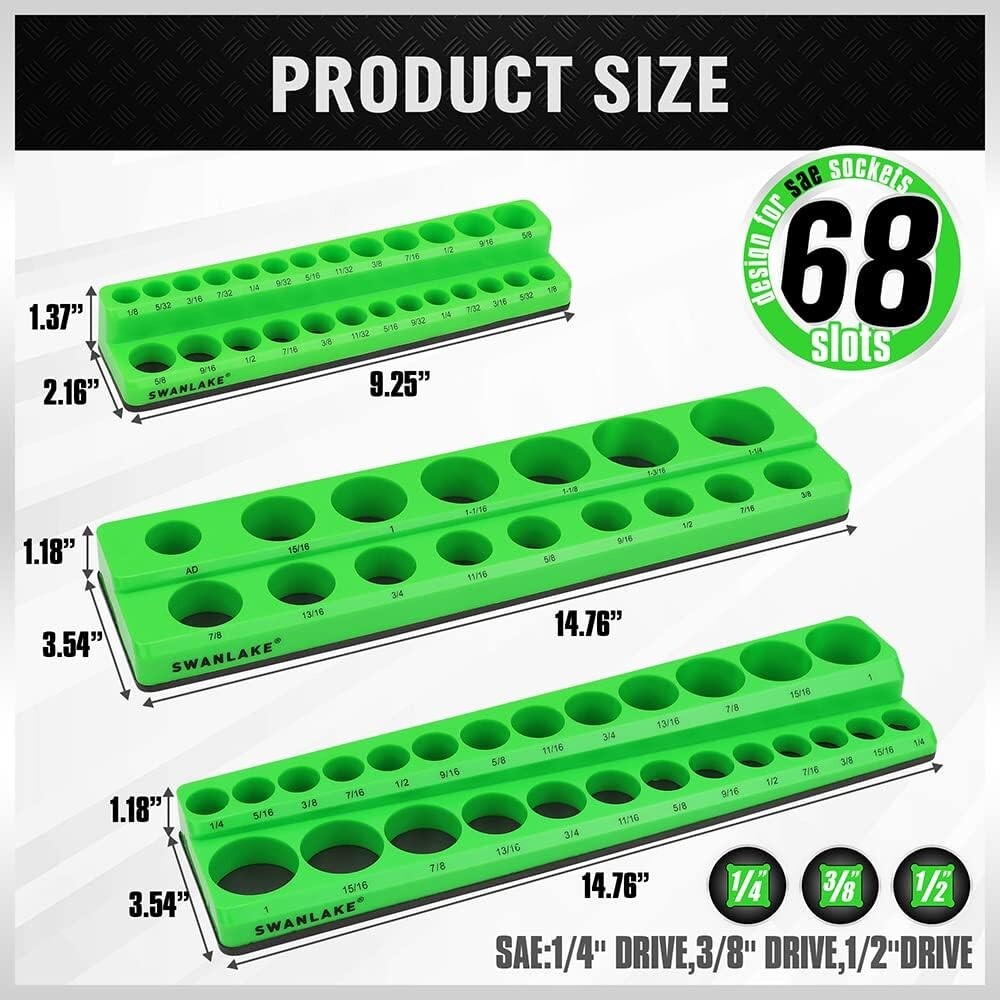 Magnetic Socket Organizer Set, 3-Piece SAE Socket Holder Set Includes 1/4", 3/8"