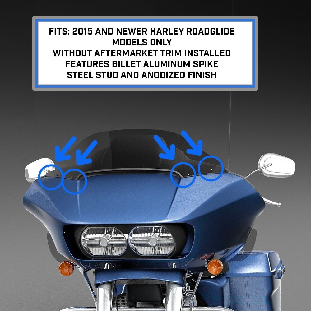 4 Blue Anodized Hex Spike Windshield Bolt Kit 15+ Harley RoadGlide Wind Screen