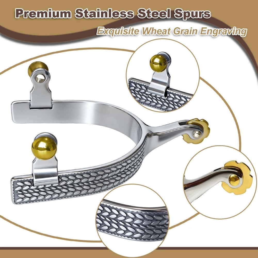 Professional Horse Spurs with Roller & Wheat Engraving, Includes 2 Leather St...