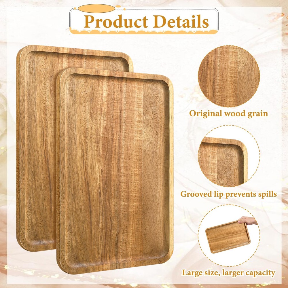 2 PCS 11.8x7.8 Solid Acacia Wood Serving Trays Rectangular Wooden Platters
