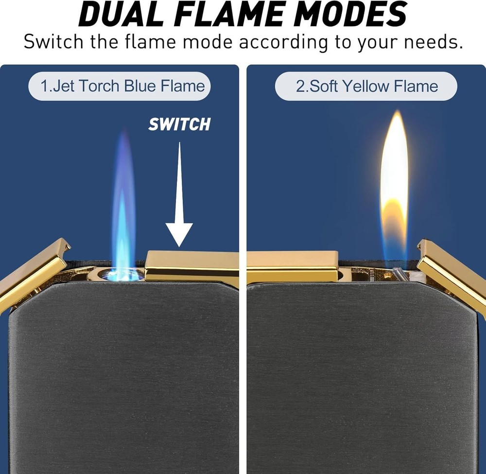 Dual Flame Lighter - Switchable Torch & Soft Flame, Refillable Butane, Cool Pipe