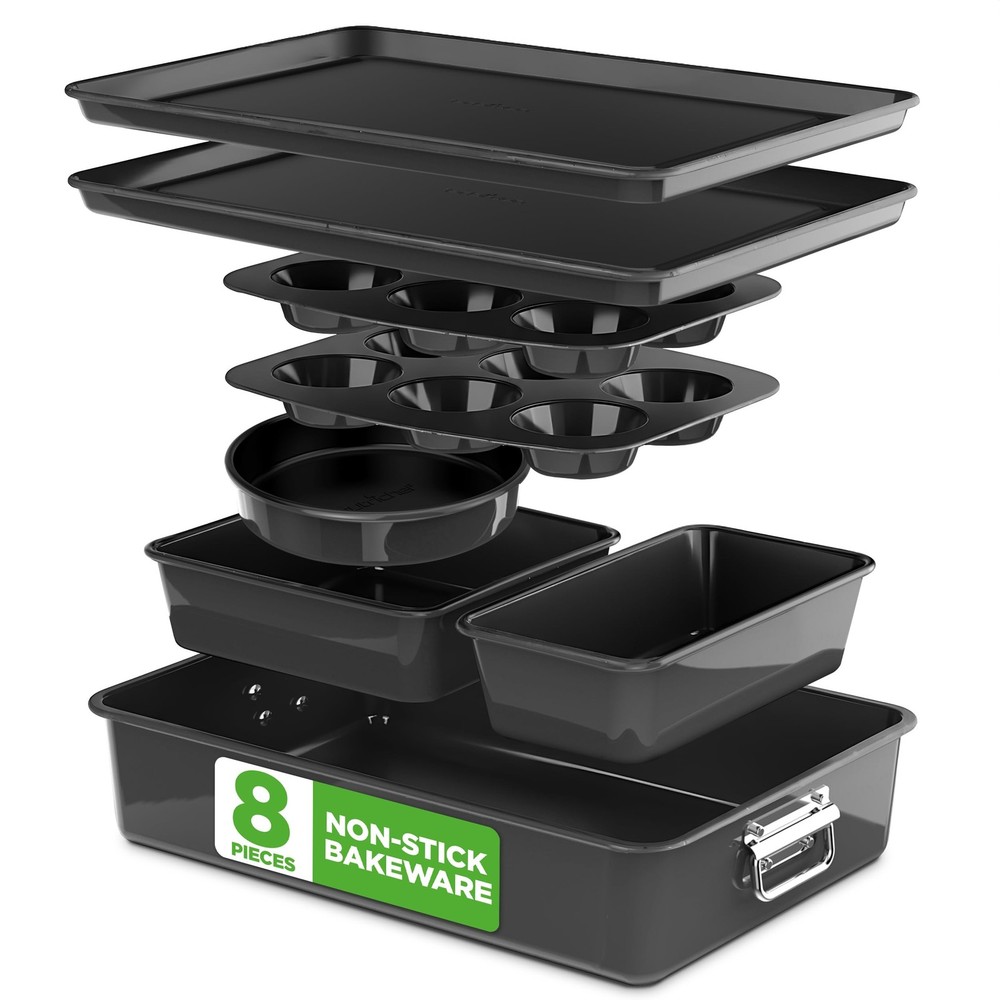 NutriChef 8-Piece Stackable Nonstick Bakeware Set - Premium Steel Baking Pans...
