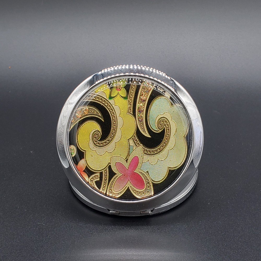 Foiled Decorated Silvertoned Double Mirrored Compact New