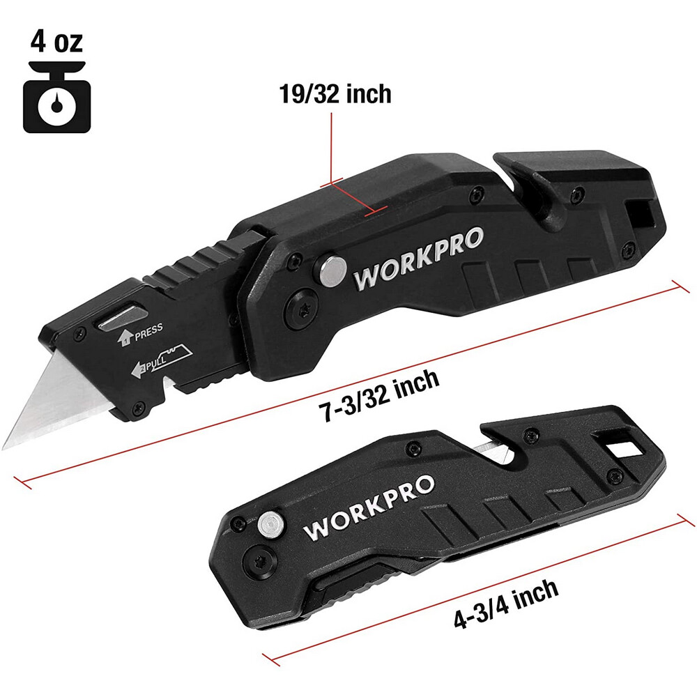 WORKPRO Folding Utility Knife Quick-Change Blade Wire Stripper Gut Hook 10 Blade