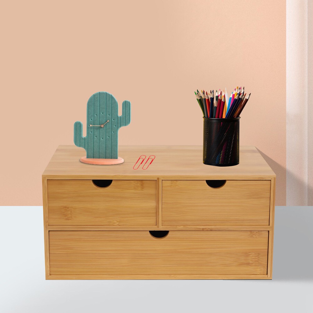 3 Drawers Original Bamboo Desk Drawer Tabletop Storage Organization Box