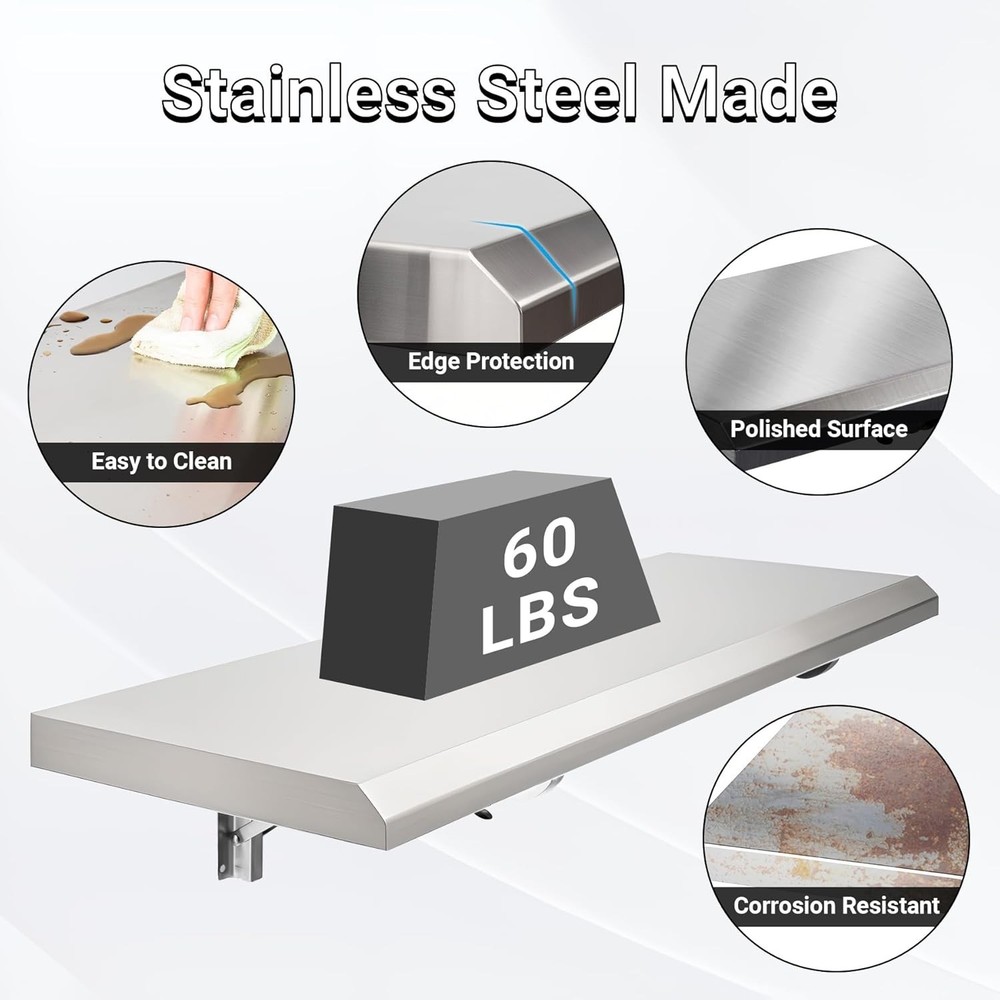 Folding Concession Shelf 24" x 12", Stainless Steel Drop Down Folding Serving...