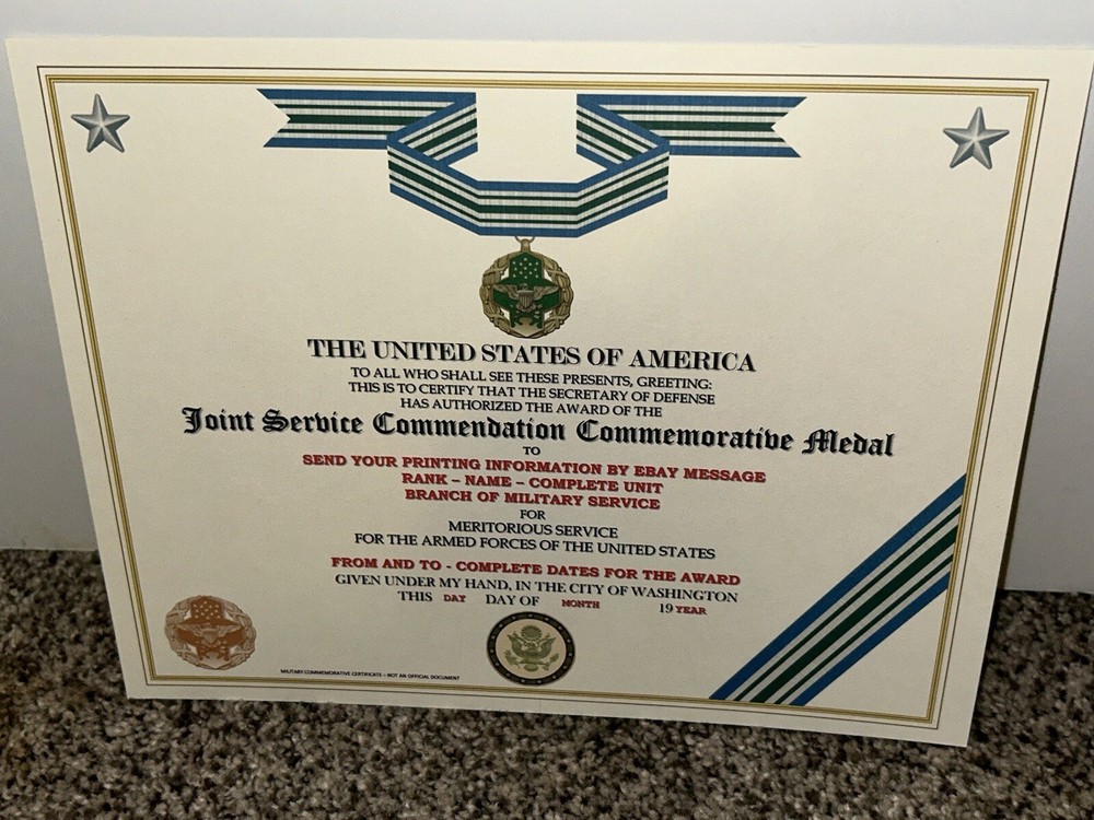 JOINT SERVICE COMMENDATION MEDAL COMMEMORATIVE CERTIFICATE ~TYPE-2 w/PRINTING