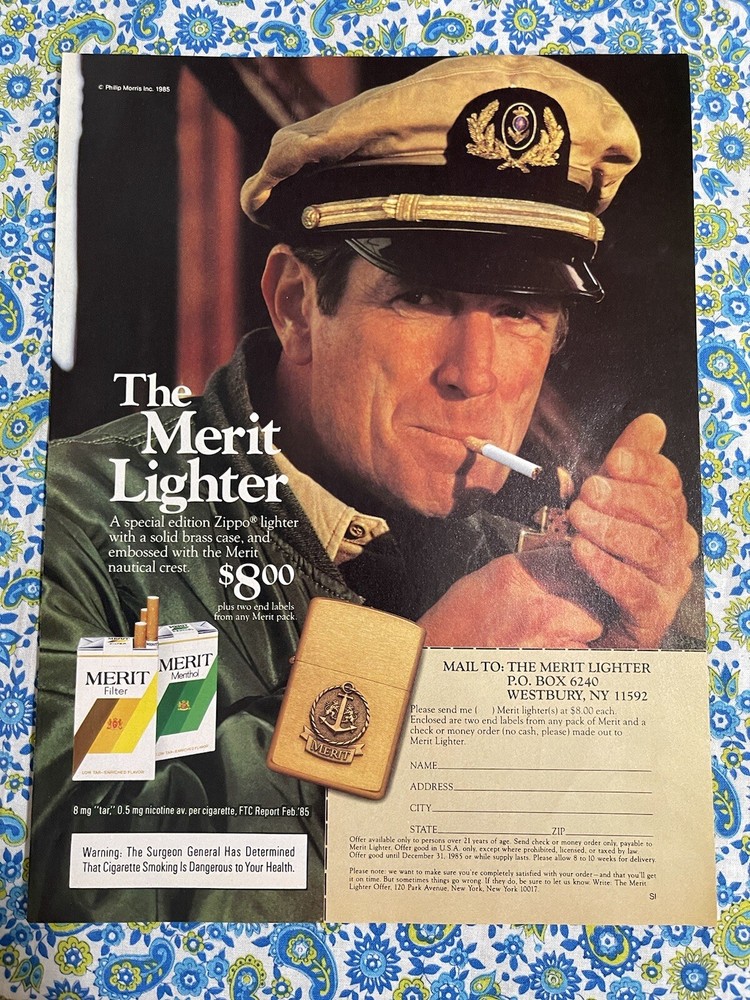 Vintage 1985 Merit Cigarette Lighter Print Ad Zippo Lighter Offer