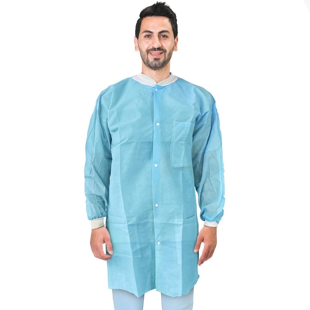 Light Blue Disposable Lab Jackets Spunbond Snaps Pockets 100 Count Small 29 in