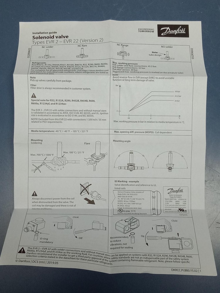 Danfoss Electronics - 032L1004 - Solenoid Valves EV Series 7/8" ODF - NEW