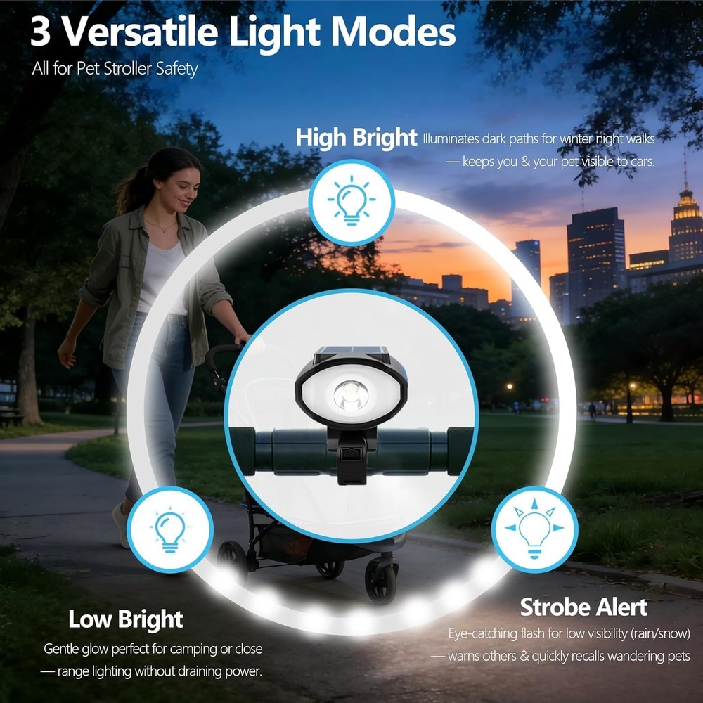 3-Mode Clip-On Pet Stroller Light: Solar & USB Rechargeable, Waterproof Design