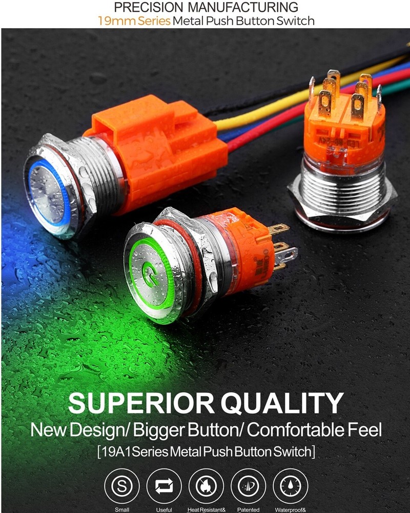 19mm Latching LED light 110V Red Blue Button Waterproof Metal Push Button Switch