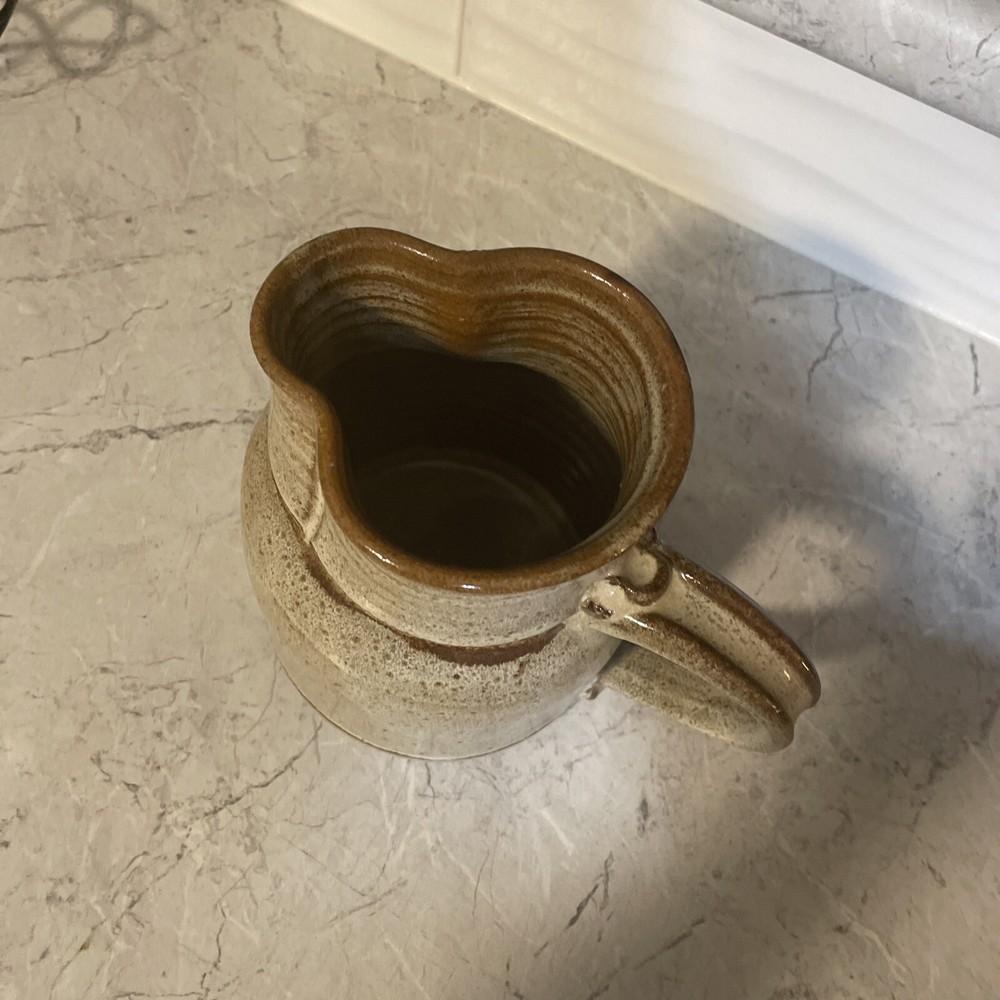 Heavy Pottery Pitcher. Signed By Maker. With Iris Flowers.