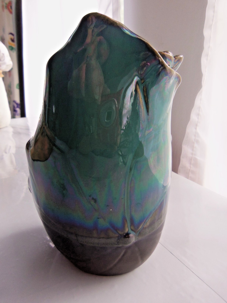 Ceramic Iridescent Green Waterfall Incense Burner W/ Koi Fish