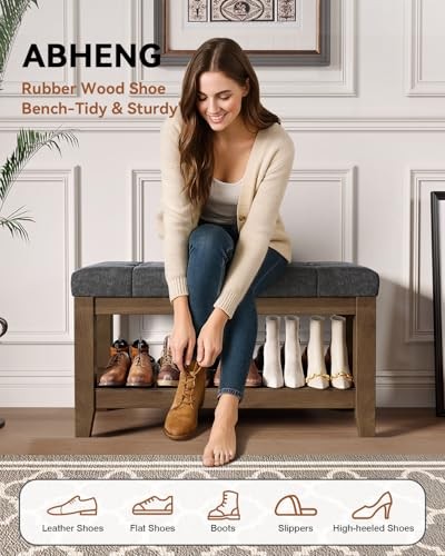 Solid Rubber Wood Shoe Bench, Soft Chenille Material 31.5" Chenille & Dark Gray