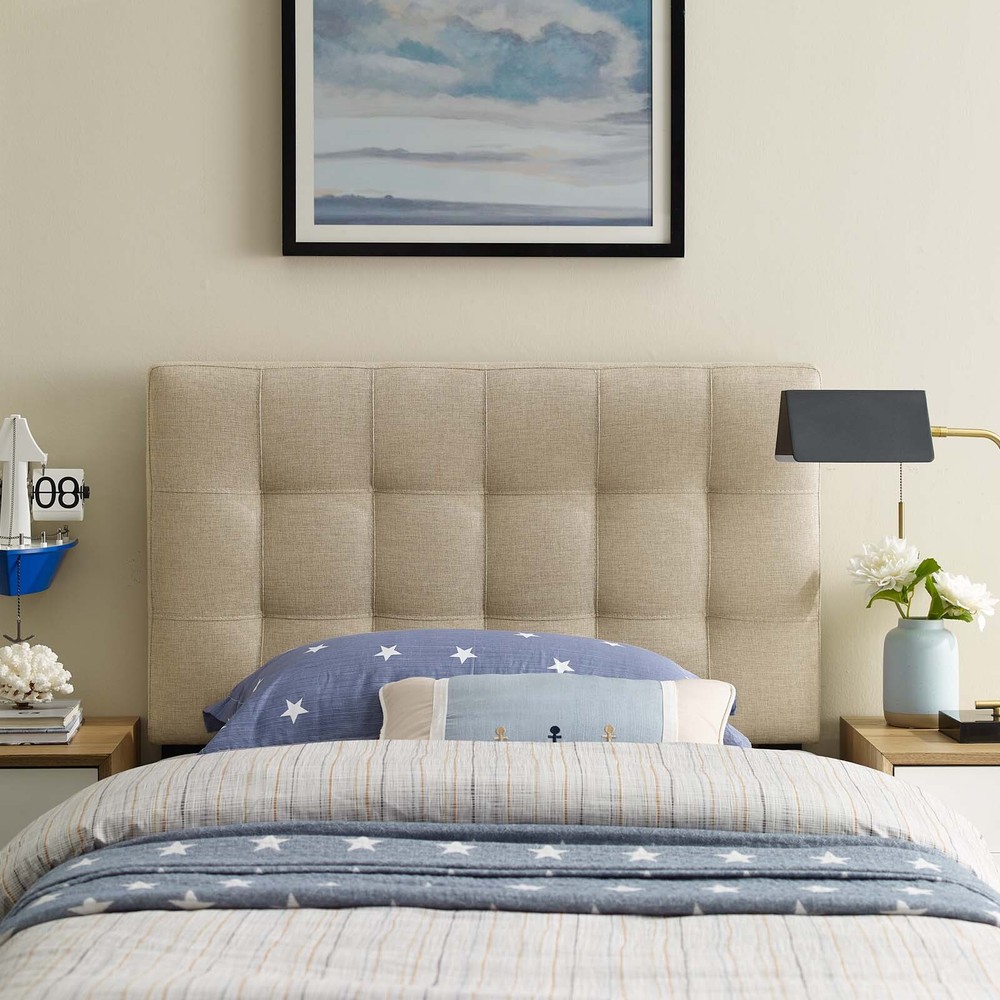 Modway Tufted Upholstered Fabric Square Twin Size Headboard in Beige