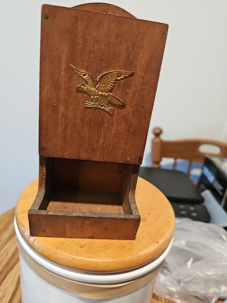 Vintage Wood Match Holder Eagle On Front.