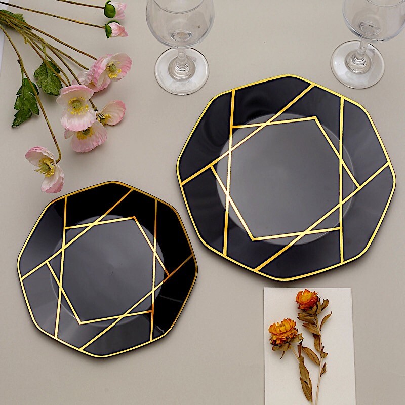 10 Octagon 10" Plastic Dinner Plates Gold Geometric Design Disposable Tableware