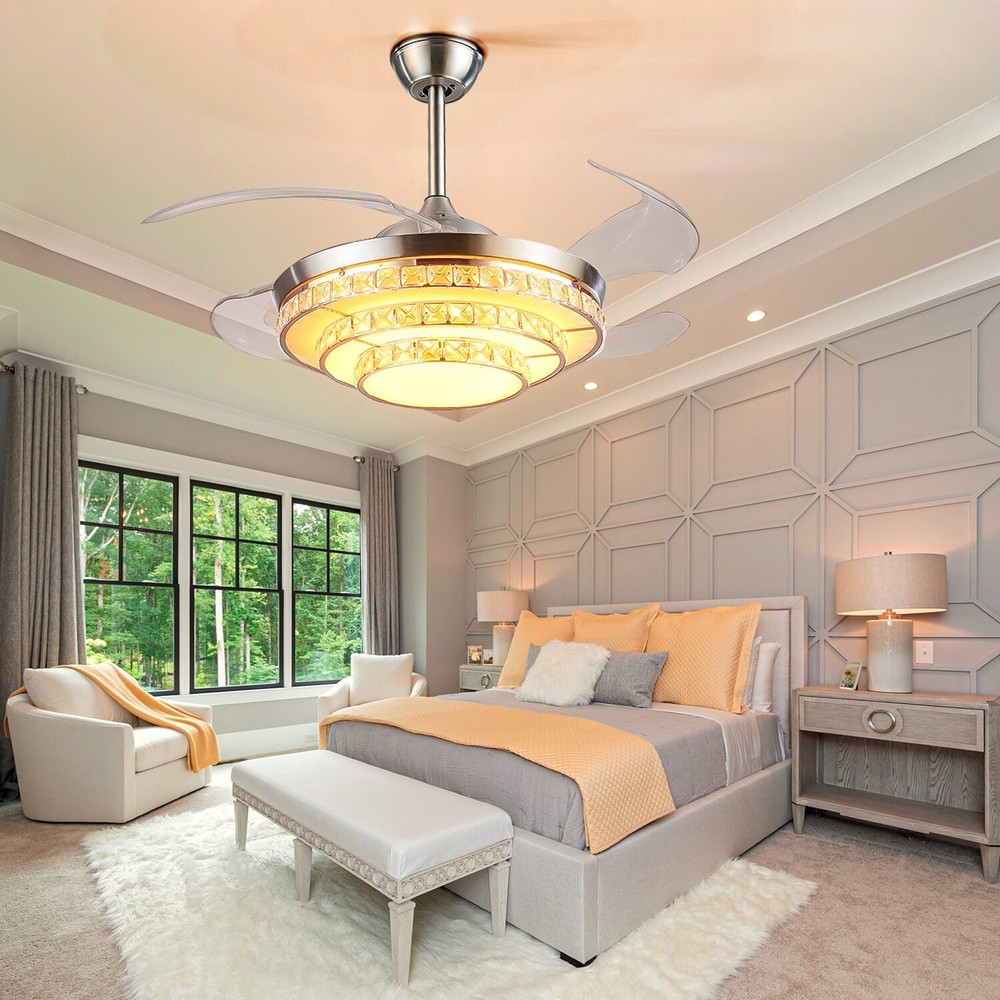 42 inches Silver 3-Ring Crystal Fan Ceiling Light