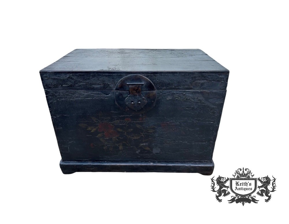 Antique Asian Distressed Black Dovetail Trunk