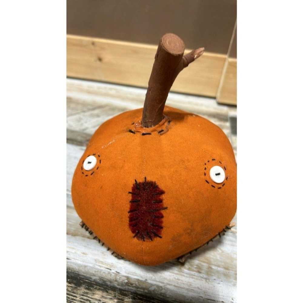 Primitive Style Pumpkin Head Wooden Stem Halloween