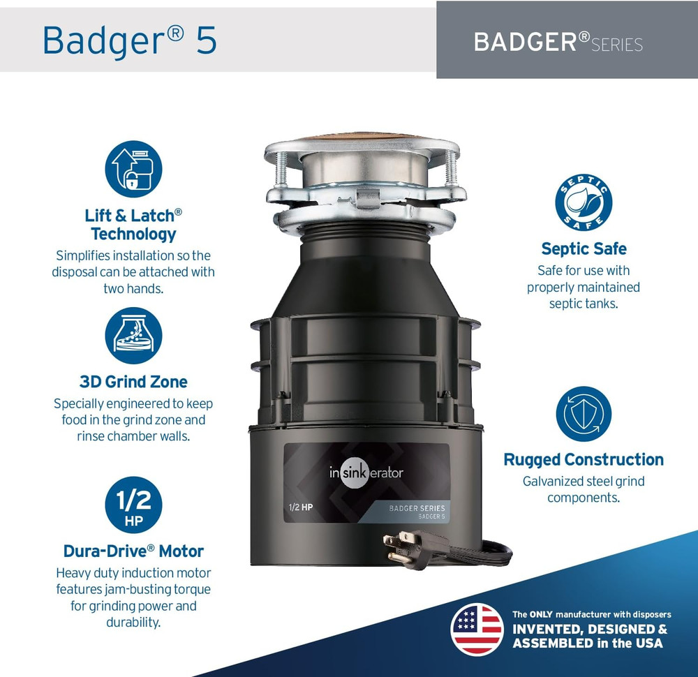 Badger 5 Garbage Disposal with Power Cord, Standard Series 1/2 HP Continuous ...