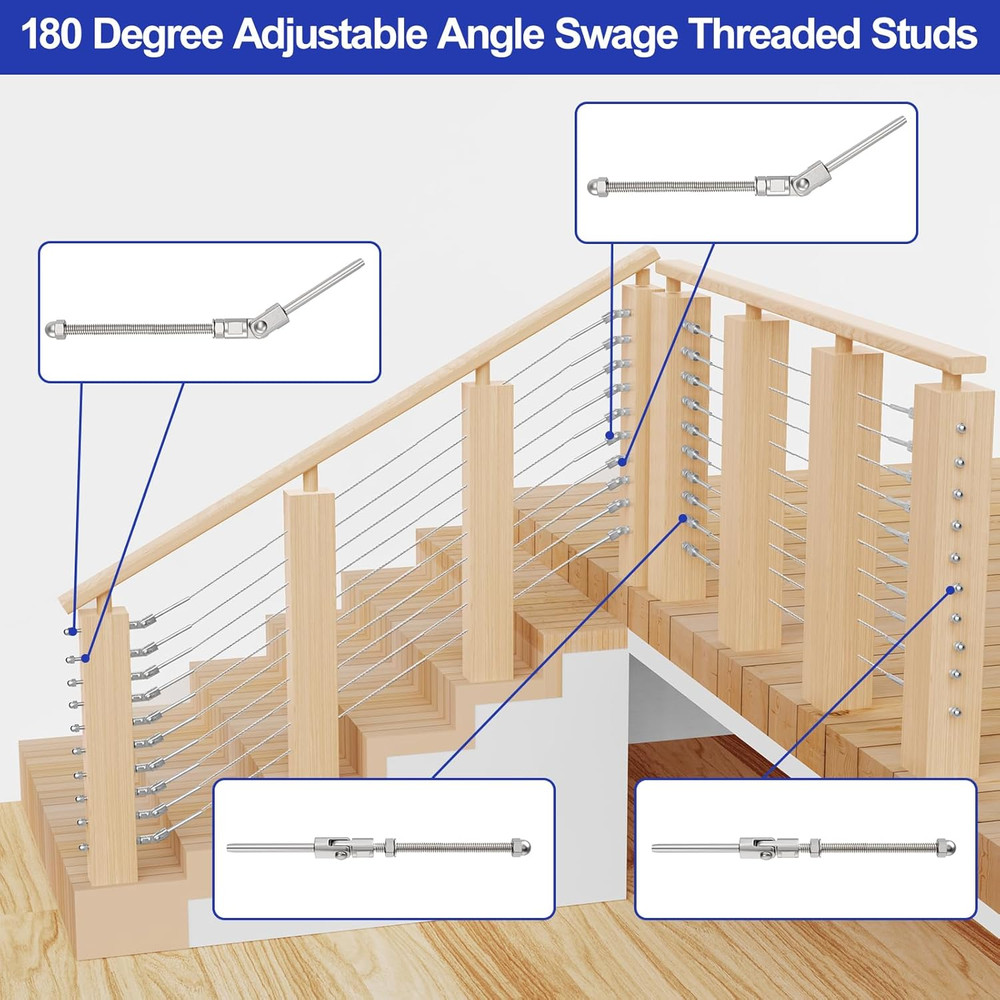 20 Pack 6" Angled Swage Threaded Studs for Cable Railing Hardware