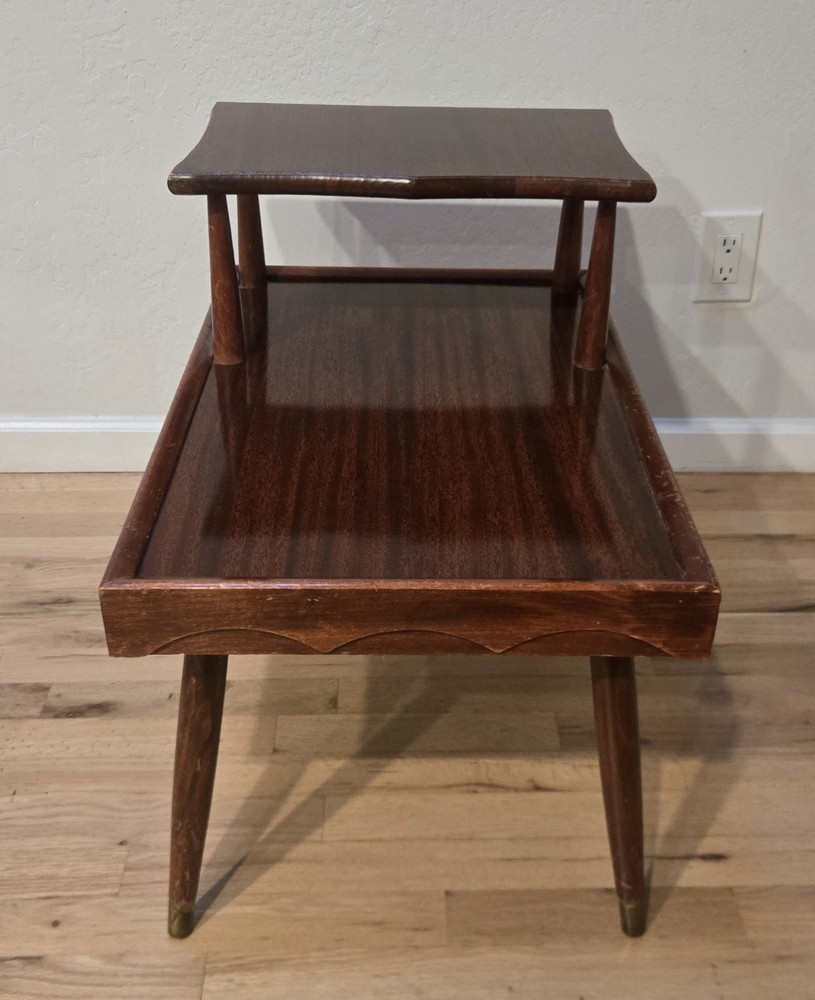 Atomic Era Mid Century Modern Brass Mahogany End Table two Tier Laminate Step