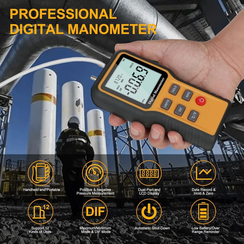 Handheld Digital Manometer - Accurate Gas Pressure Tester with Backlight Display