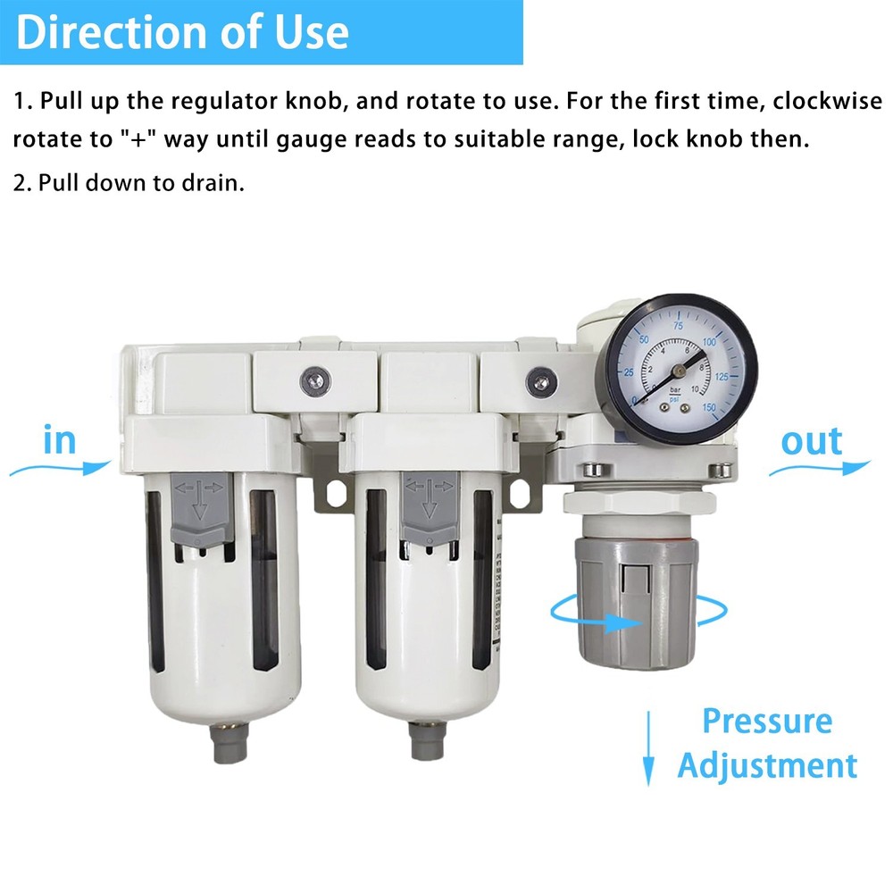 1/2"NPT Compressed Air Filter Regulator Lubricator Combo, Semi-Auto Drain
