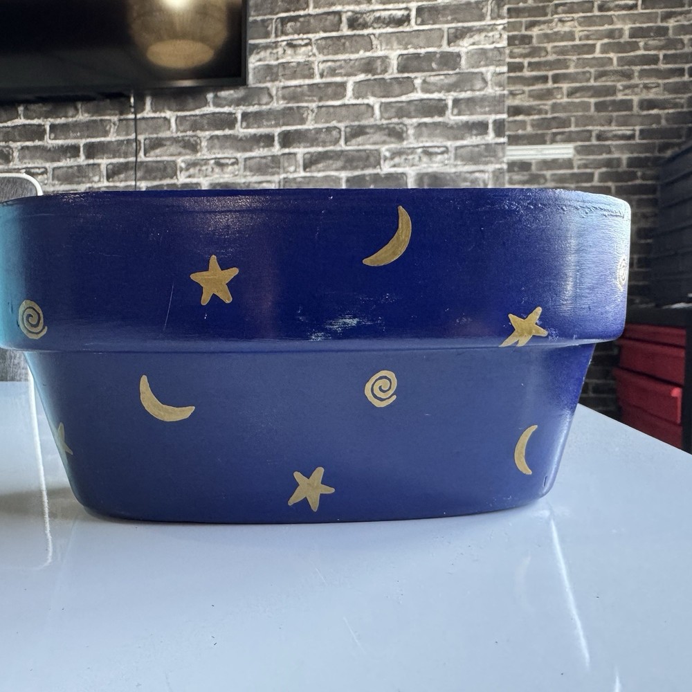 Hand Painted Blue Ceramic Planter Moon & Stars Design Boho Celestial Pot