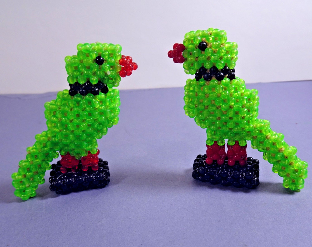 2 Handmade BEADED PARROTS Birds Figurine Green Standing