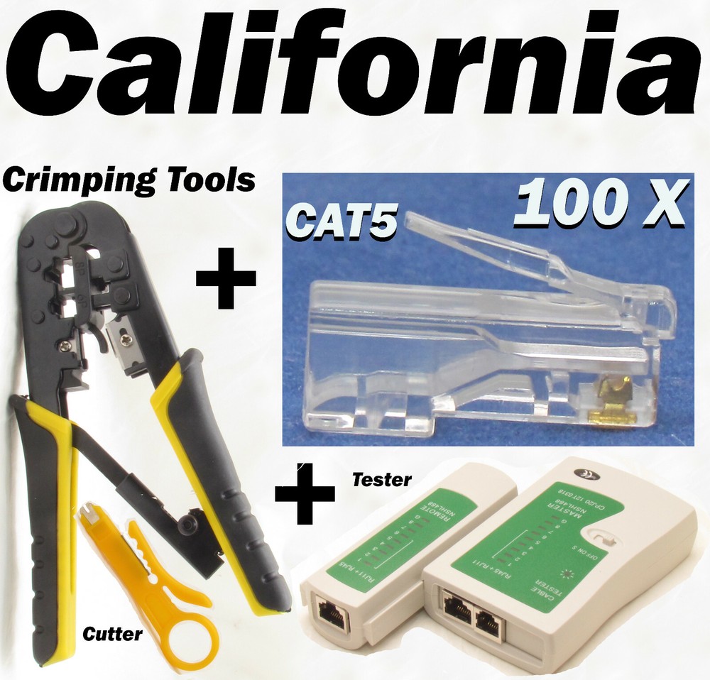 Network Tester + Crimp Crimper + 100 RJ45 CAT5e Connector Plug Tool Kits Cutter