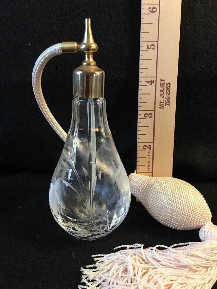 Clear Cut Glass Etched FLOWER Atomizer PERFUME Bottle